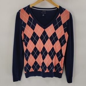 Tommy Hilfiger Argyle Sweater Medium Navy Pink V-Neck